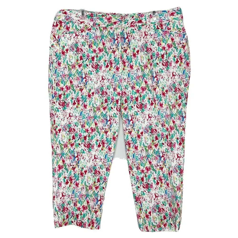 Cassmode New York White Floral Pants Chinos Crop Stretch Cotton Capri Sz 18 New - Picture 1 of 6